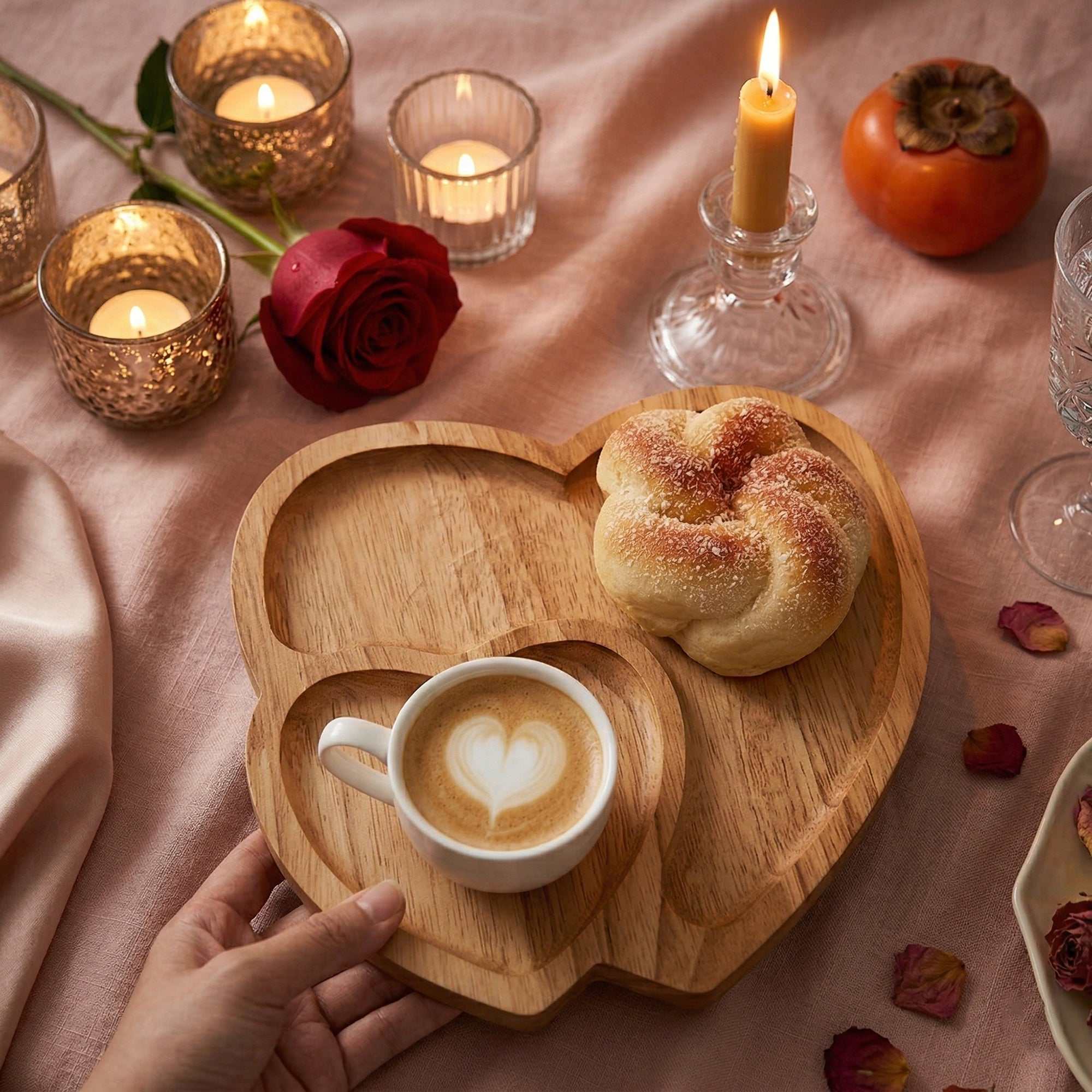 Heart-Shaped Wooden Serving Tray UK | Romantic Breakfast & Snack Platter | Multi-Section Food Tray | Gift for Couples – Rebeelaa Collection