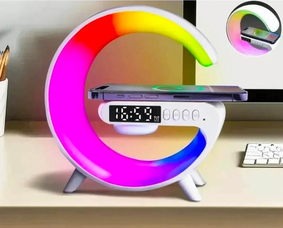 Multi Function 3 in 1 LED Alarm Clock with Wireless Charger & Bluetooth Speaker UK | RGB Night Light, Sunrise Lamp & Fast Charging Station – Rebeelaa Living