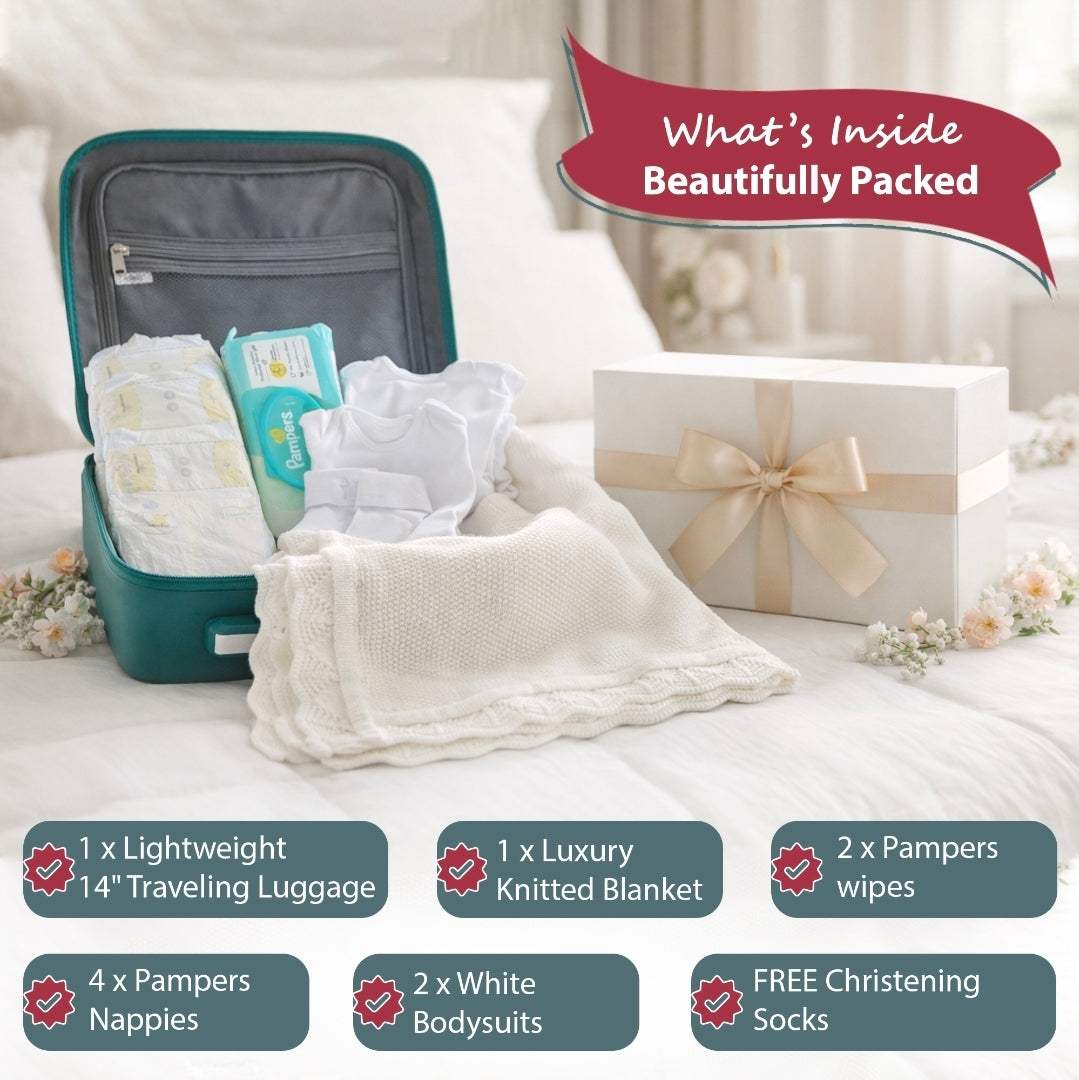 Luxury Baby Travel Gift Set UK | Cabin Luggage, Knitted Blanket, Newborn Essentials & Bodysuits | Baby Shower & New Mum Gift – Rebeelaa Baby