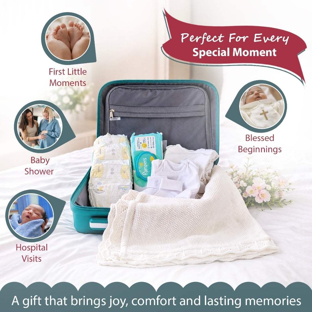 Luxury Baby Travel Gift Set UK | Cabin Luggage, Knitted Blanket, Newborn Essentials & Bodysuits | Baby Shower & New Mum Gift – Rebeelaa Baby