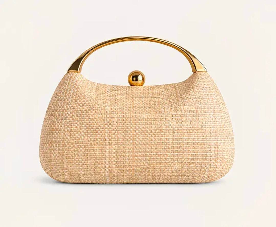 Luxury Woven Clutch Bag for Women UK | Elegant Straw Evening Handbag with Gold Handle & Chain – Rebeelaa Collection