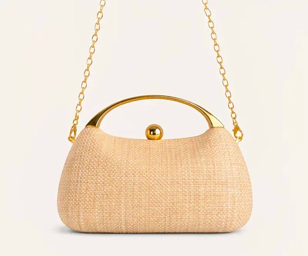 Luxury Woven Clutch Bag for Women UK | Elegant Straw Evening Handbag with Gold Handle & Chain – Rebeelaa Collection