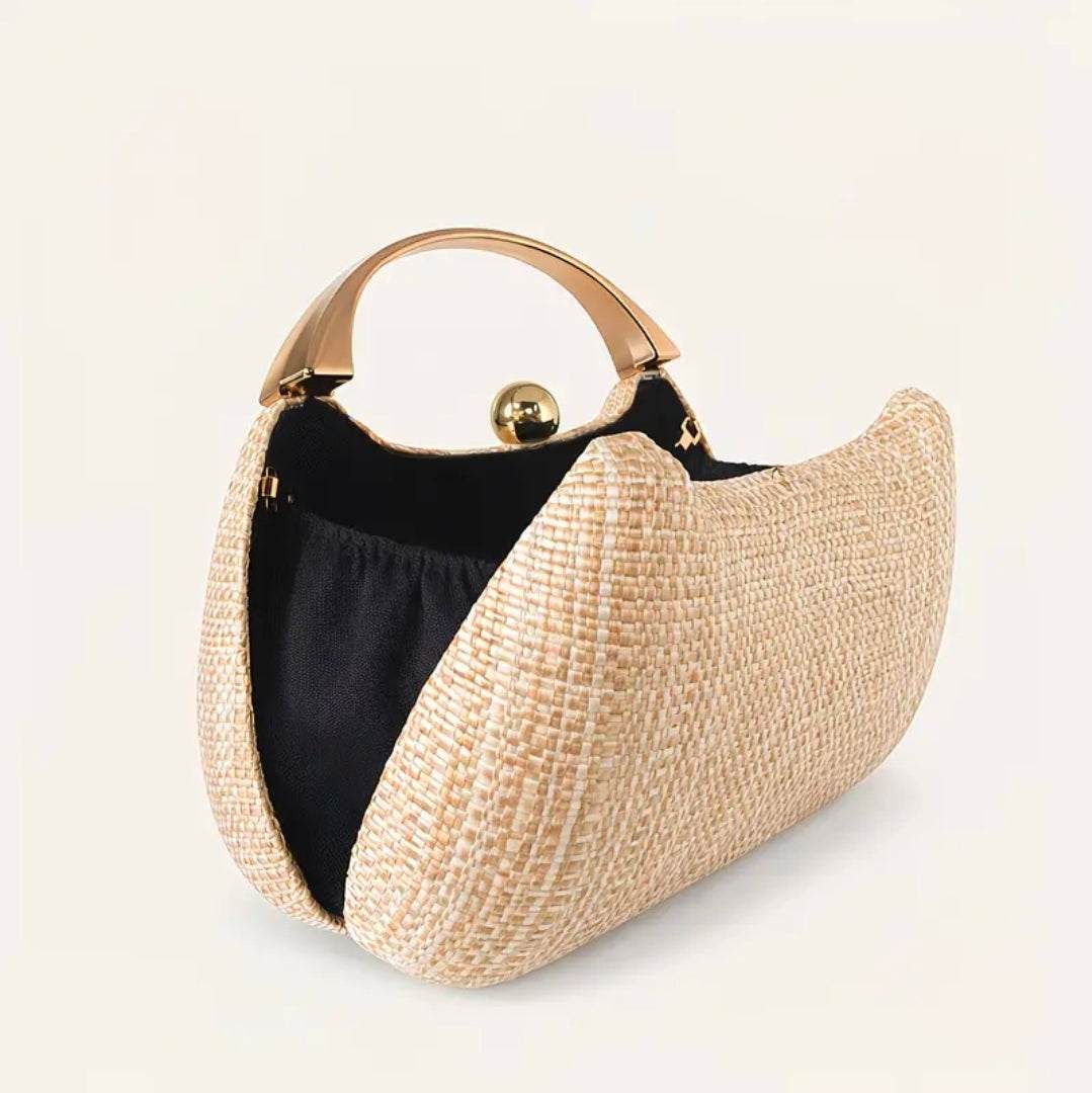 Luxury Woven Clutch Bag for Women UK | Elegant Straw Evening Handbag with Gold Handle & Chain – Rebeelaa Collection
