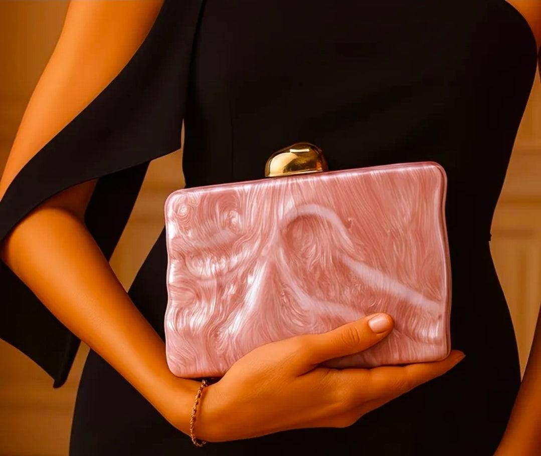 Luxury Pink Marble Clutch Bag for Women UK | Elegant Acrylic Evening Handbag with Gold Chain – Rebeelaa Collection
