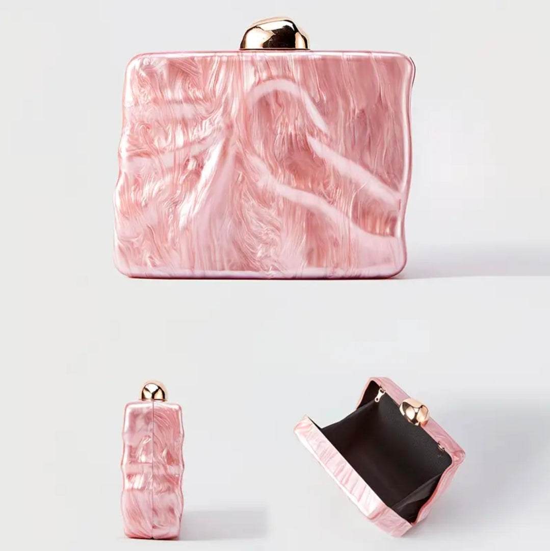 Luxury Pink Marble Clutch Bag for Women UK | Elegant Acrylic Evening Handbag with Gold Chain – Rebeelaa Collection