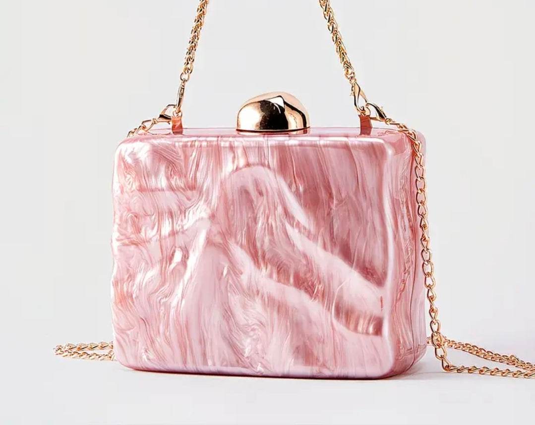 Luxury Pink Marble Clutch Bag for Women UK | Elegant Acrylic Evening Handbag with Gold Chain – Rebeelaa Collection