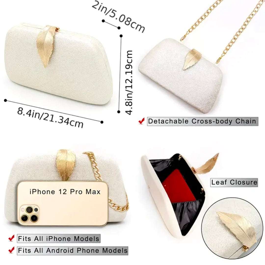 Luxury Gold Leaf Clutch Bag for Women UK | Elegant Evening Handbag with Chain Strap – Rebeelaa Collection