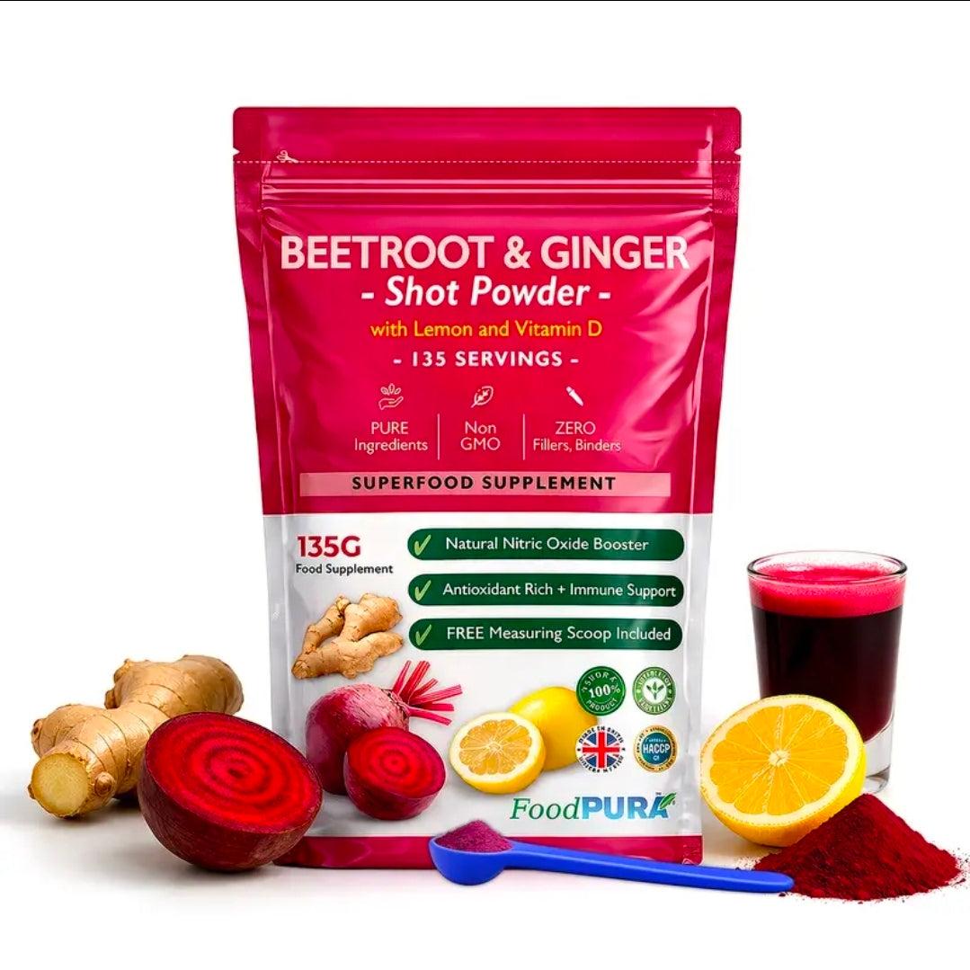 Beetroot & Ginger Shot Powder UK | Superfood Supplement with Lemon & Vitamin D – 135 Servings | Energy & Wellness Support