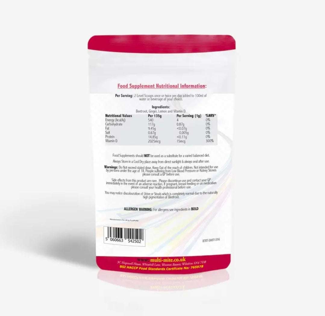 Beetroot & Ginger Shot Powder UK | Superfood Supplement with Lemon & Vitamin D – 135 Servings | Energy & Wellness Support
