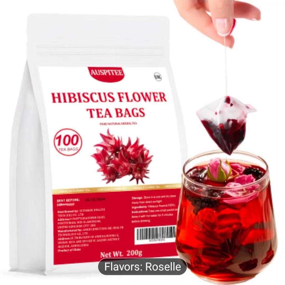 Hibiscus Flower Tea Bags UK | 100 Natural Herbal Tea Bags (Roselle) – Refreshing Wellness & Iced Tea Drink – Rebeelaa Collection