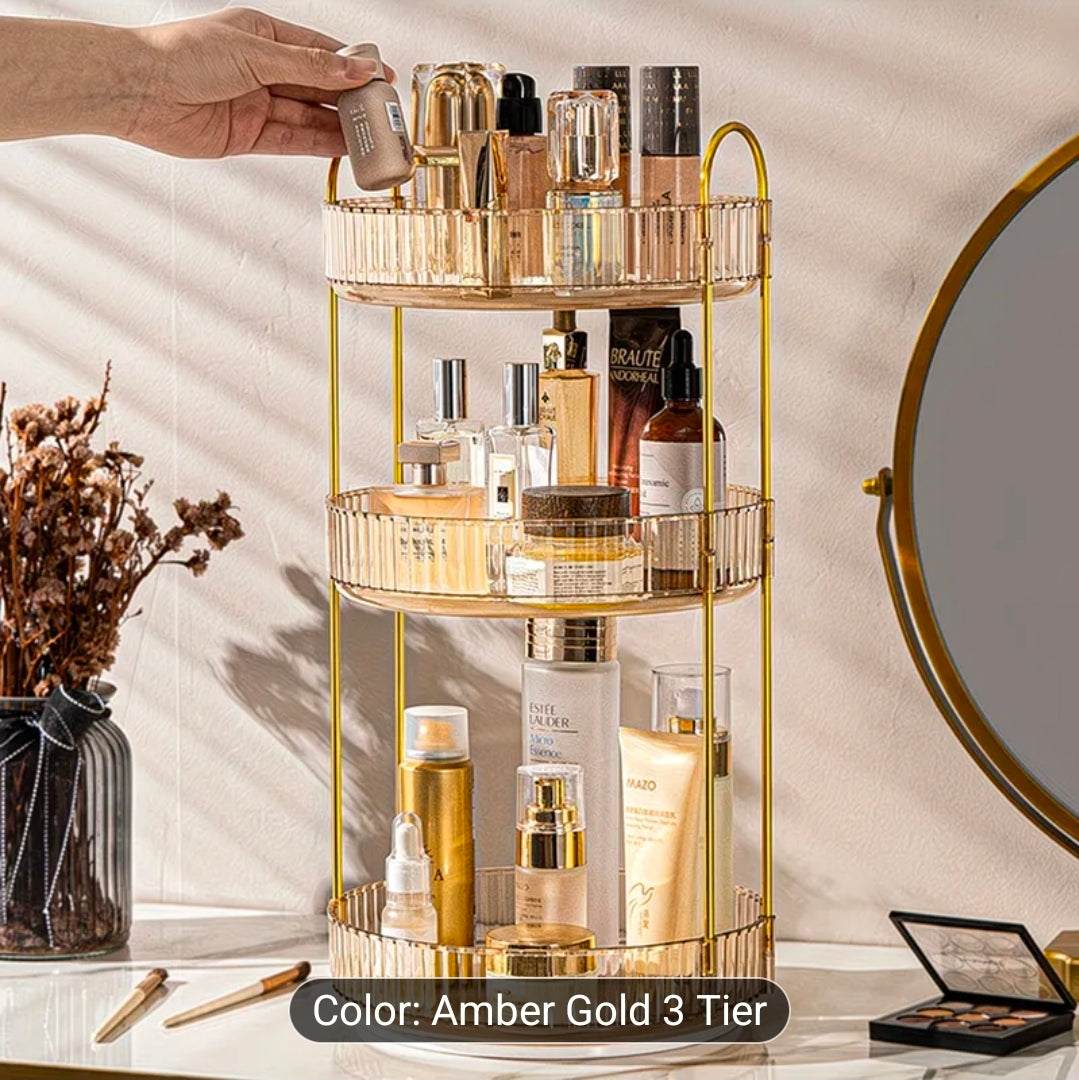 3 Tier Rotating Makeup Organiser UK | Luxury Cosmetic Storage Shelf with 360° Spin – Rebeelaa Home & Beauty Collection