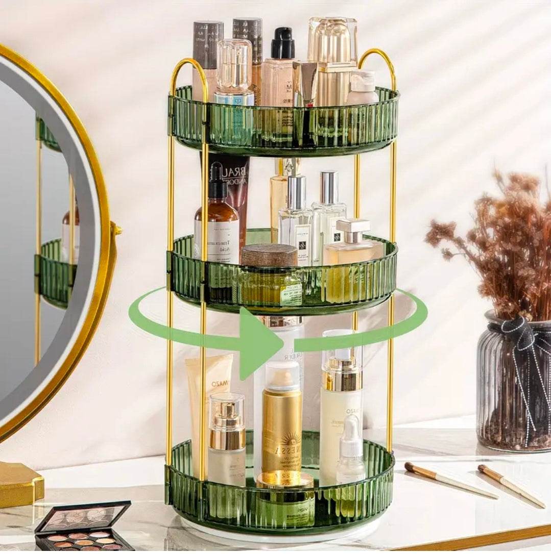 3 Tier Rotating Makeup Organiser UK | Luxury Cosmetic Storage Shelf with 360° Spin – Rebeelaa Home & Beauty Collection