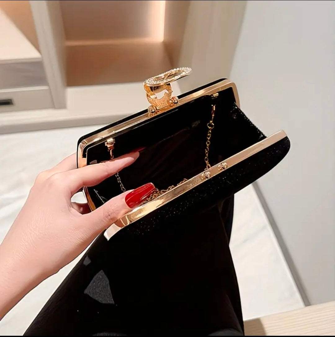 Luxury Black Velvet Clutch Bag UK | Elegant Evening Handbag with Gold Crystal Ring Handle – Rebeelaa Collection