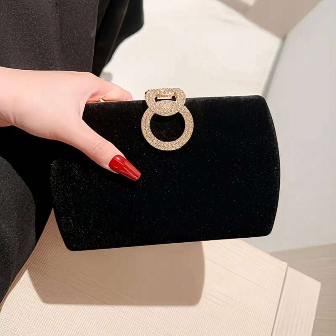 Luxury Black Velvet Clutch Bag UK | Elegant Evening Handbag with Gold Crystal Ring Handle – Rebeelaa Collection