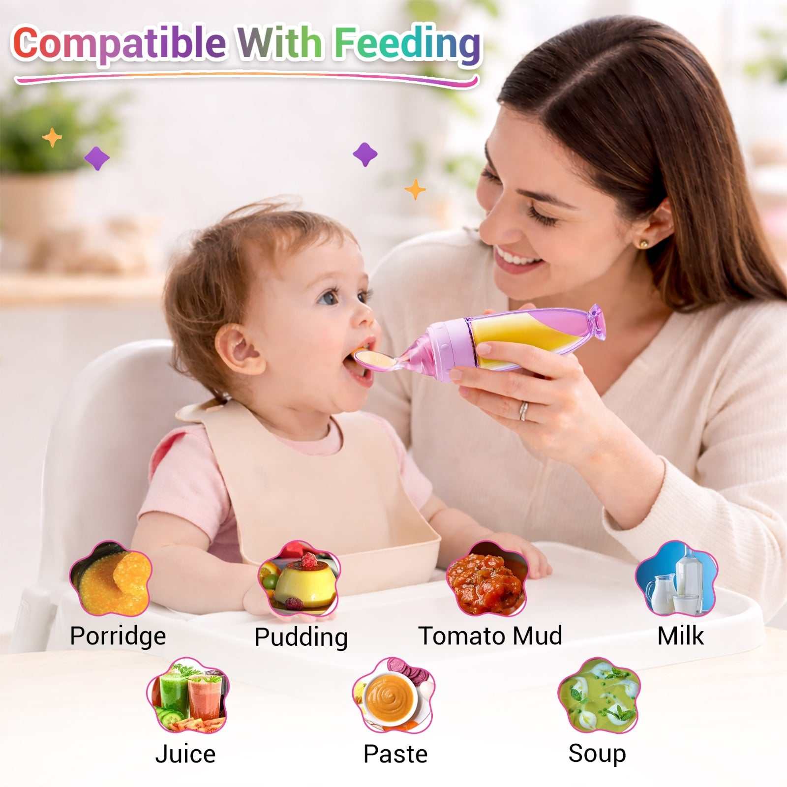 Rebeelaa Baby Food Squeeze Feeder Bottle – Silicone Spoon Feeding Bottle for Infants | BPA-Free Weaning & Feeding Dispenser UK
