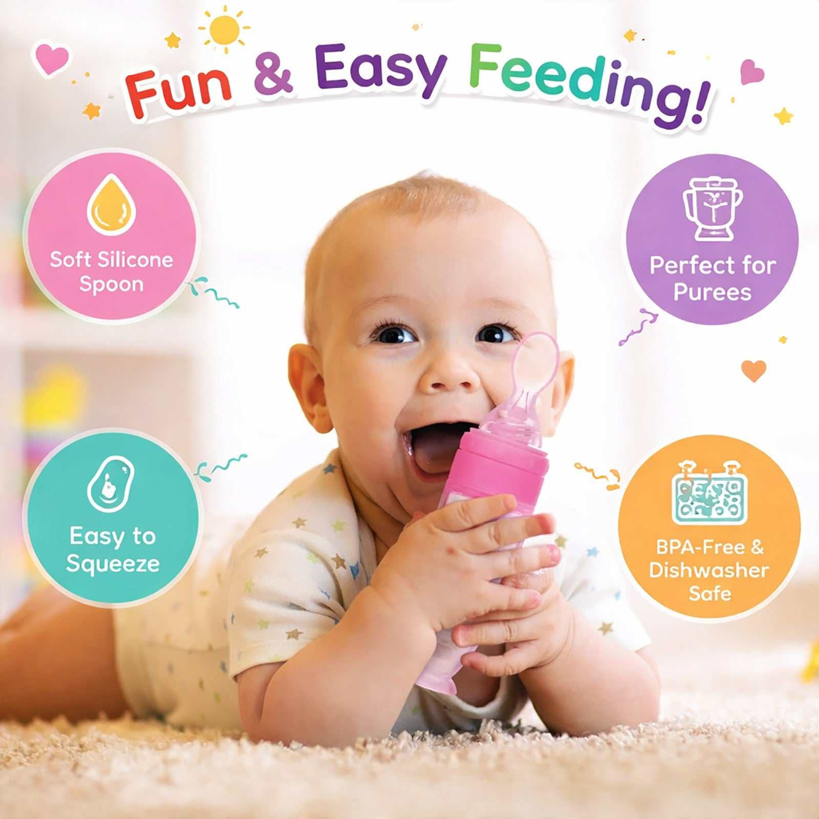 Rebeelaa Baby Food Squeeze Feeder Bottle – Silicone Spoon Feeding Bottle for Infants | BPA-Free Weaning & Feeding Dispenser UK