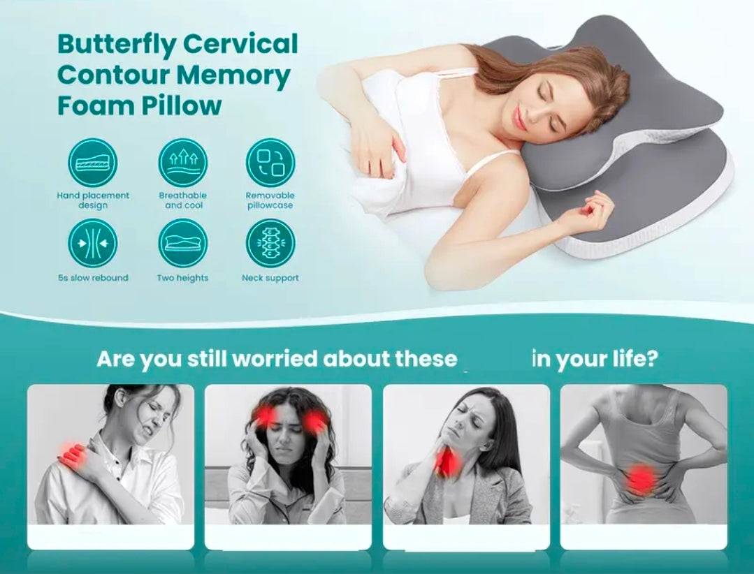 Ergonomic Orthopedic Memory Foam Pillow UK | Neck Pain Relief Cervical Support Pillow – Butterfly Contour Design | Rebeelaa Sleep Collection