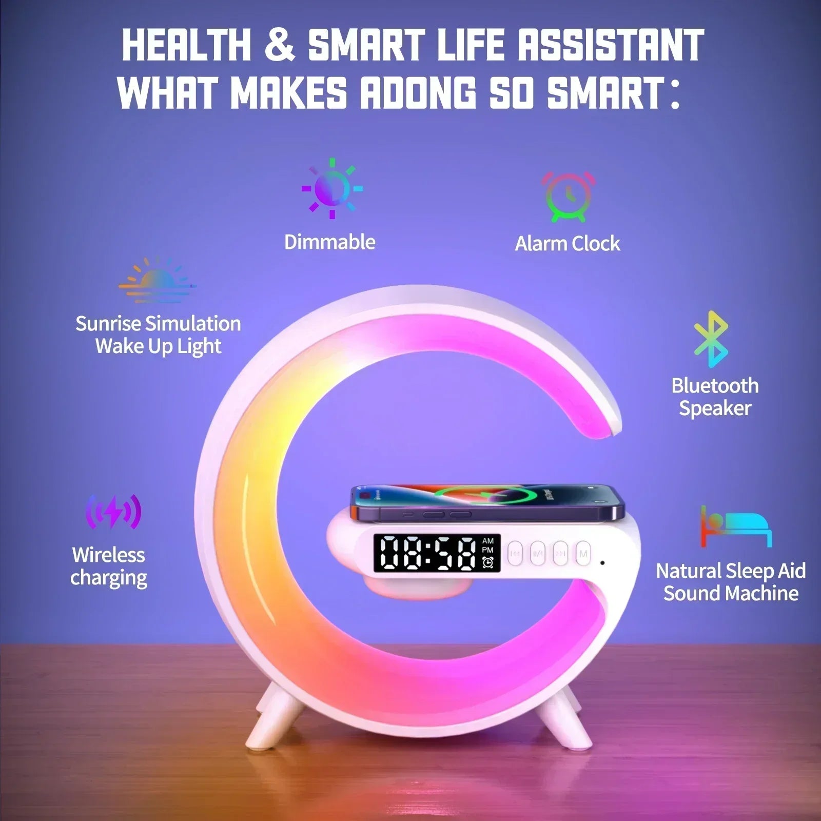 Multi Function 3 in 1 LED Alarm Clock with Wireless Charger & Bluetooth Speaker UK | RGB Night Light, Sunrise Lamp & Fast Charging Station – Rebeelaa Living