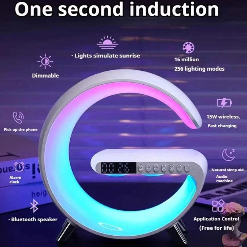 Multi Function 3 in 1 LED Alarm Clock with Wireless Charger & Bluetooth Speaker UK | RGB Night Light, Sunrise Lamp & Fast Charging Station – Rebeelaa Living