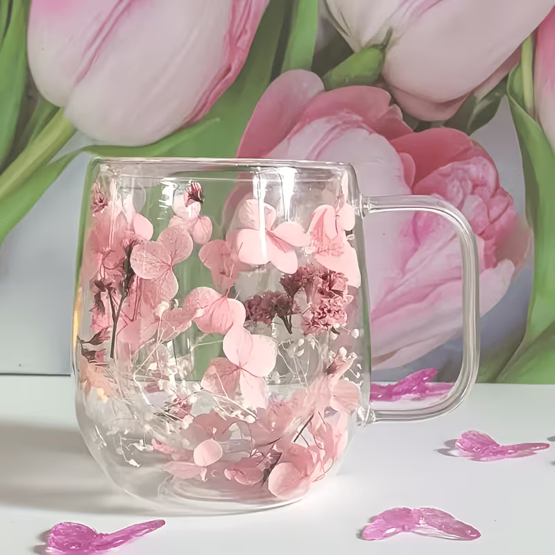 Double Walled Glass Coffee Mug with Dry Pink Flowers – 250ml Insulated Thermal Coffee Cup, Clear Glass Latte Cappuccino Macchiato Tea Mug for Hot and Cold Drinks